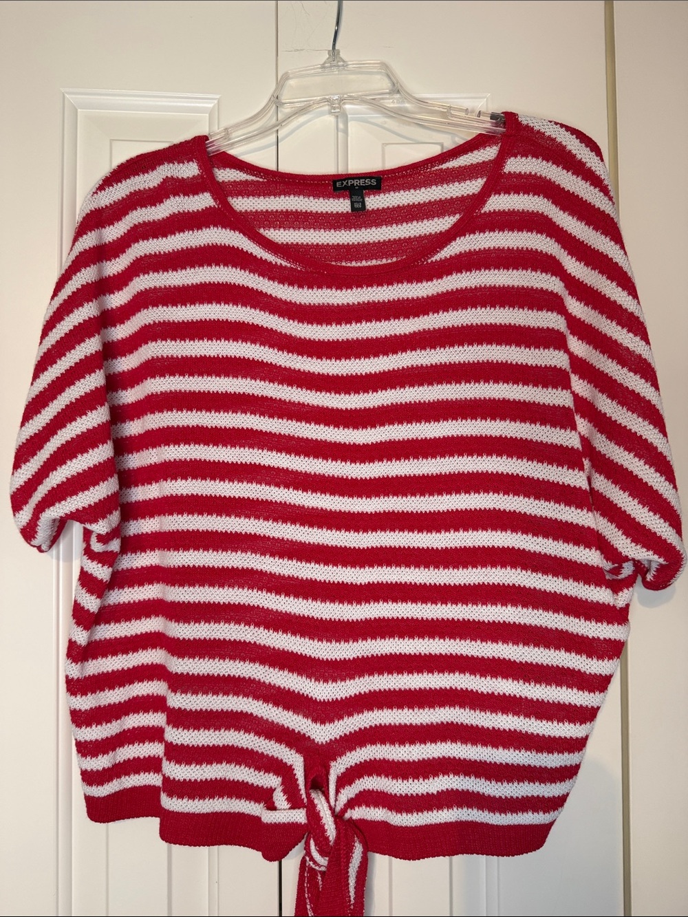 Express Red and White Striped Tie-Front Crewneck Sweater